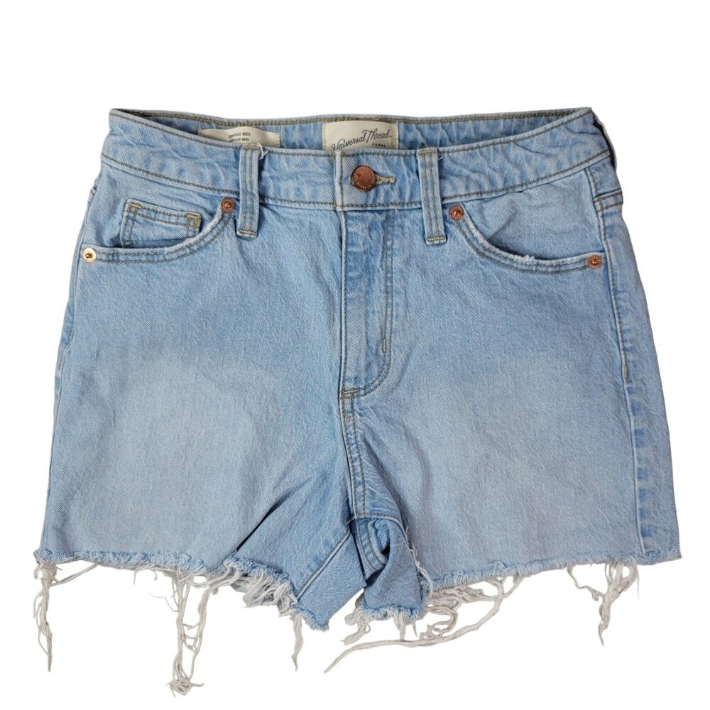 Universal Thread Vintage Midi Denim Shorts Blue Light SZ 0 25R Distress Cut Off